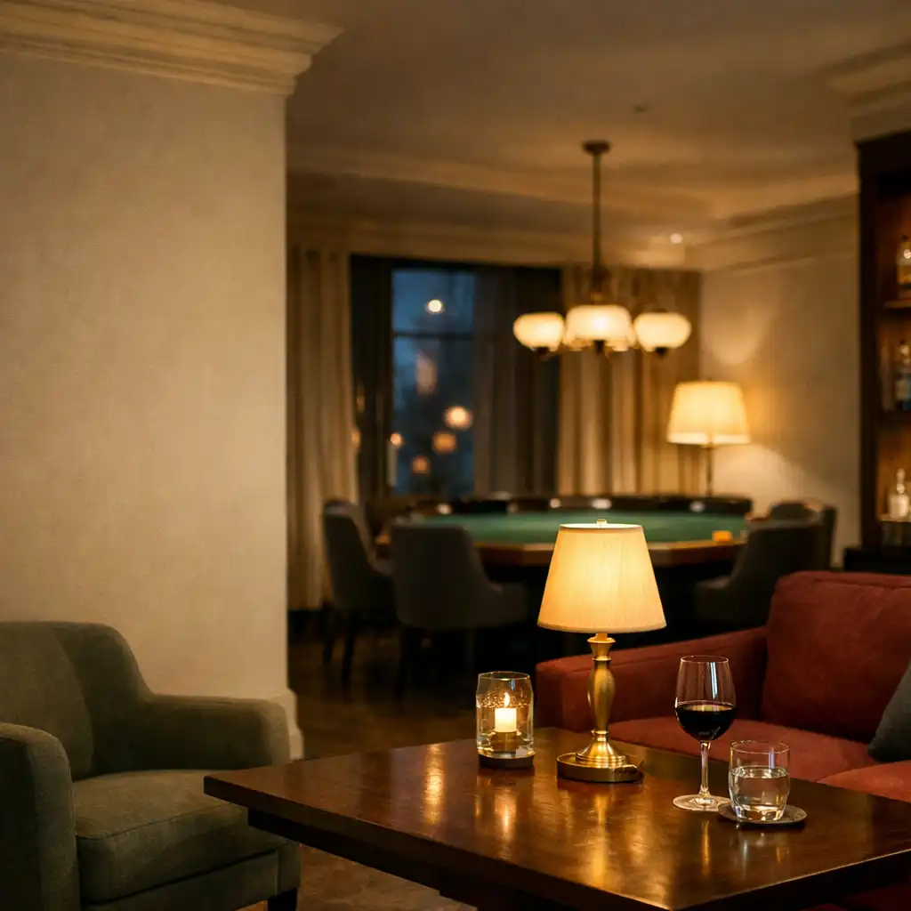 Elegancki lounge restauracyjny o wieczornym świetle i spokojnej atmosferze