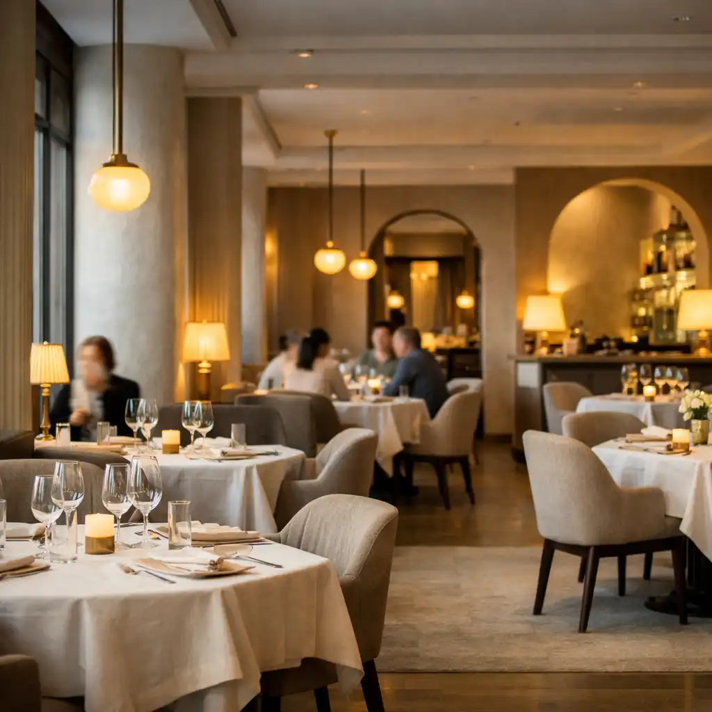 Jasna sala restauracyjna z nakrytymi stolikami i ciepłym światłem