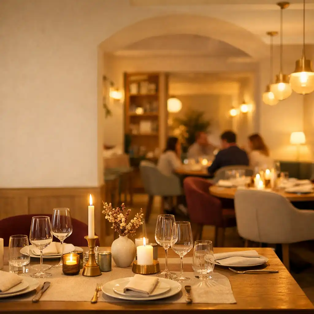 Eleganckie wnętrze restauracji Xevu Qaro o wczesnym wieczorze