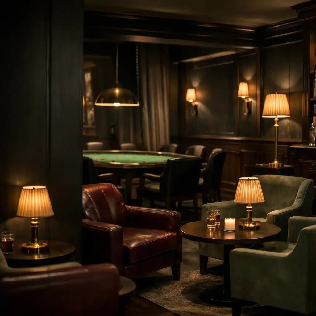 Dyskretny wieczorny lounge z miękkimi fotelami, ciepłymi lampami i detalem stołu do gry w tle