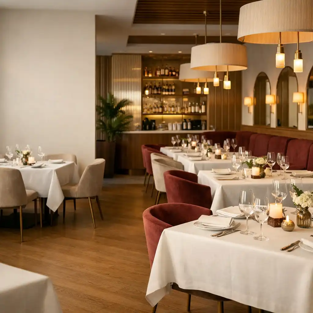 Jasna, elegancka sala restauracyjna Xevu Qaro z nakrytymi stolikami i ciepłym światłem