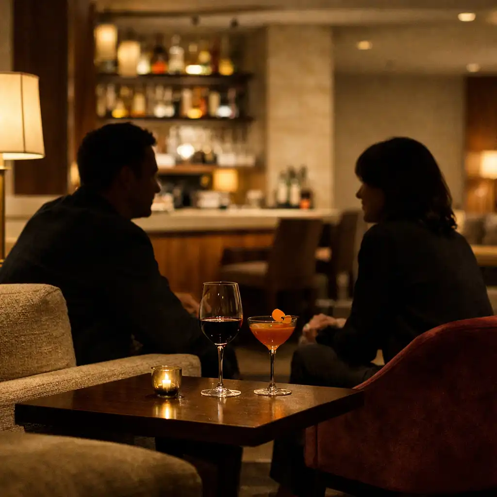 Dwie anonimowe sylwetki rozmawiające w eleganckim lounge restauracji