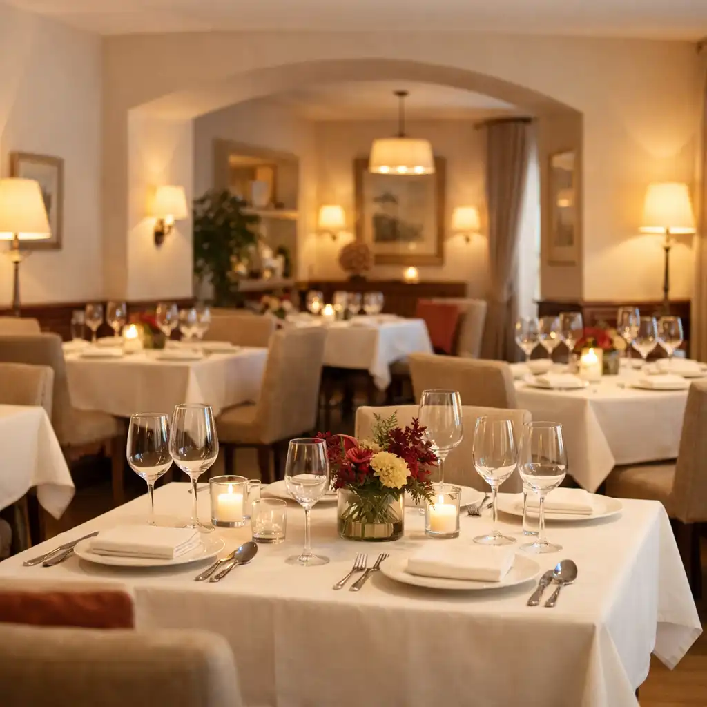 Spokojna sala restauracyjna przygotowana na wieczorną kolację z nakrytymi stolikami