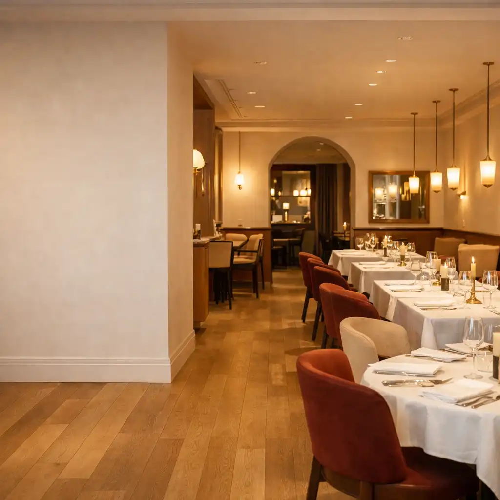 Jasne wnętrze restauracji Xevu Qaro z nakrytymi stołami i ciepłym wieczornym światłem