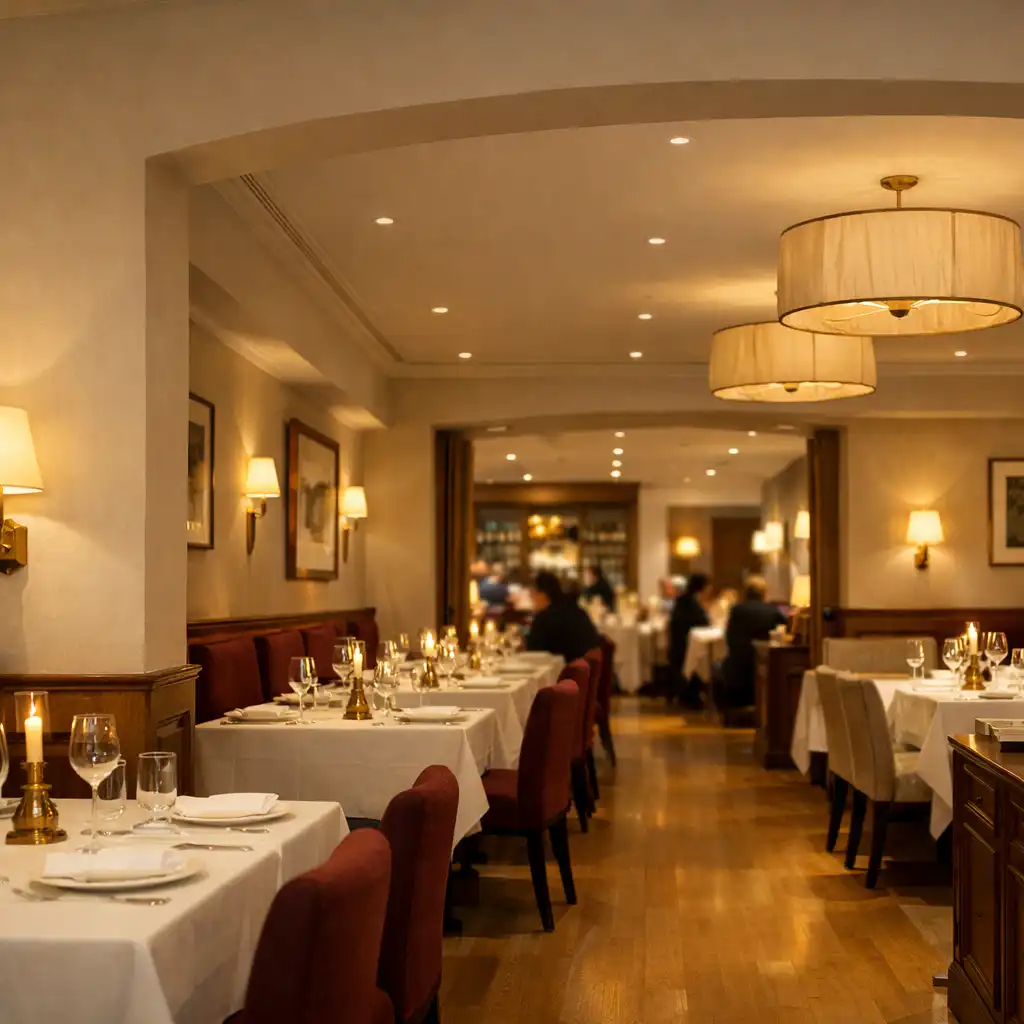 Szeroki widok eleganckiej sali restauracyjnej wieczorem z ciepłym oświetleniem