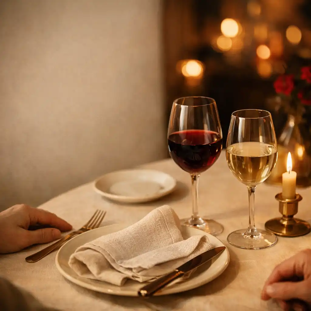 Kieliszki z winem i eleganckie nakrycie restauracyjnego stołu