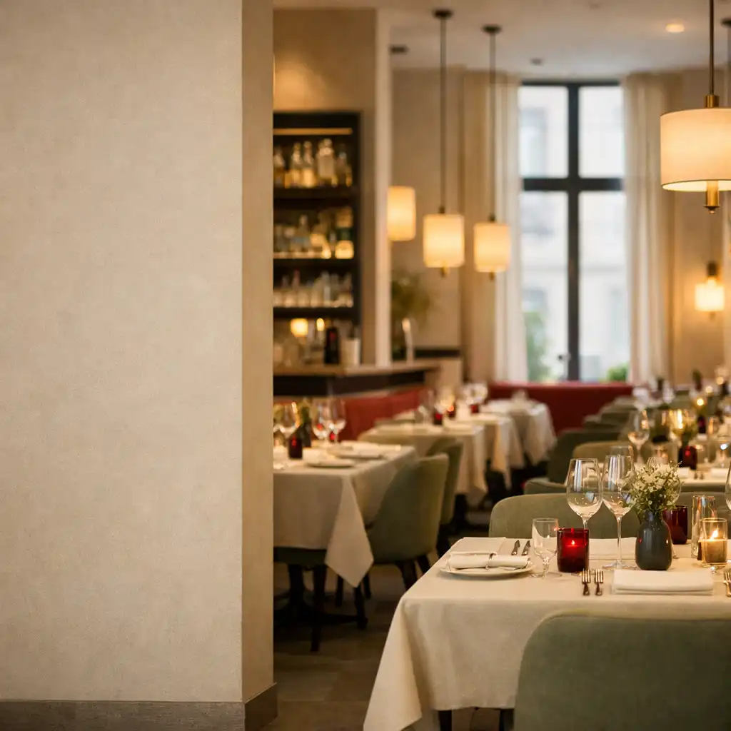 Ciepłe wnętrze restauracji Xevu Qaro z nakrytymi stolikami i wieczornym światłem